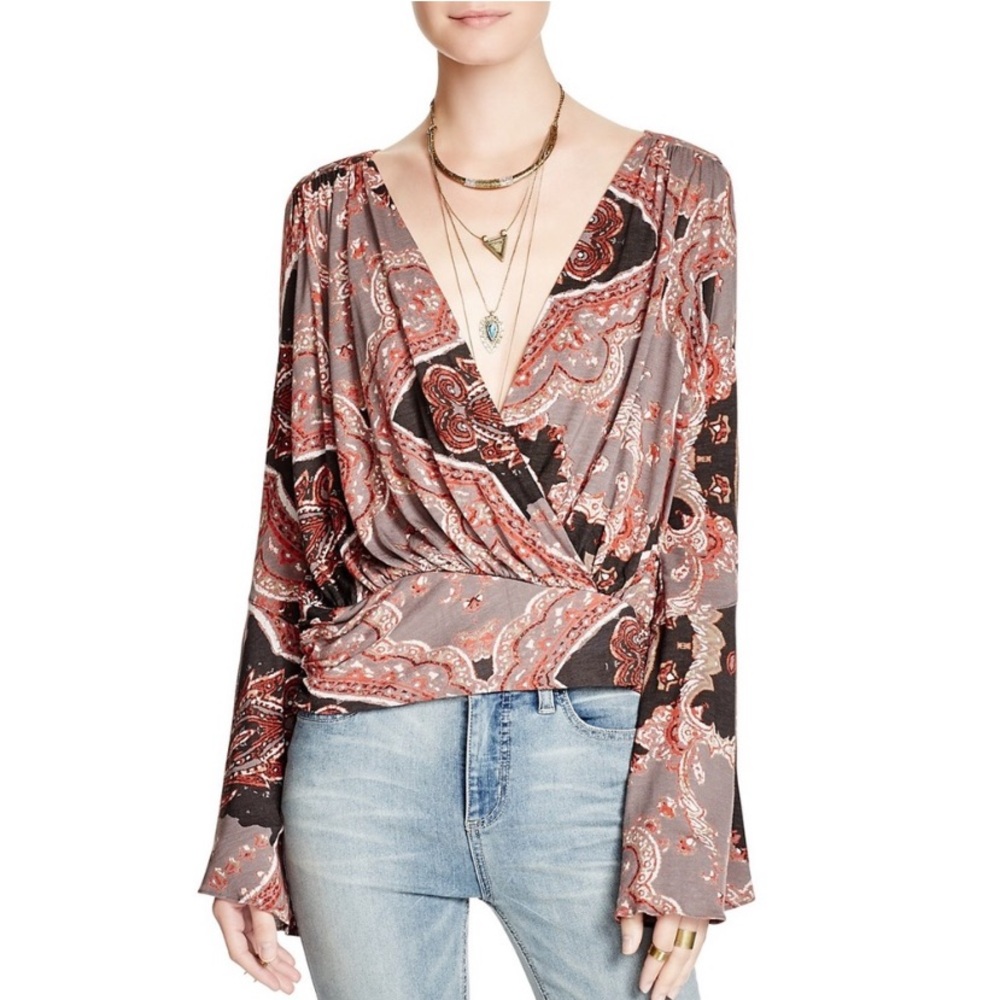 Free People Fiona Wrap Bell Sleeves Paisley Top Size XS